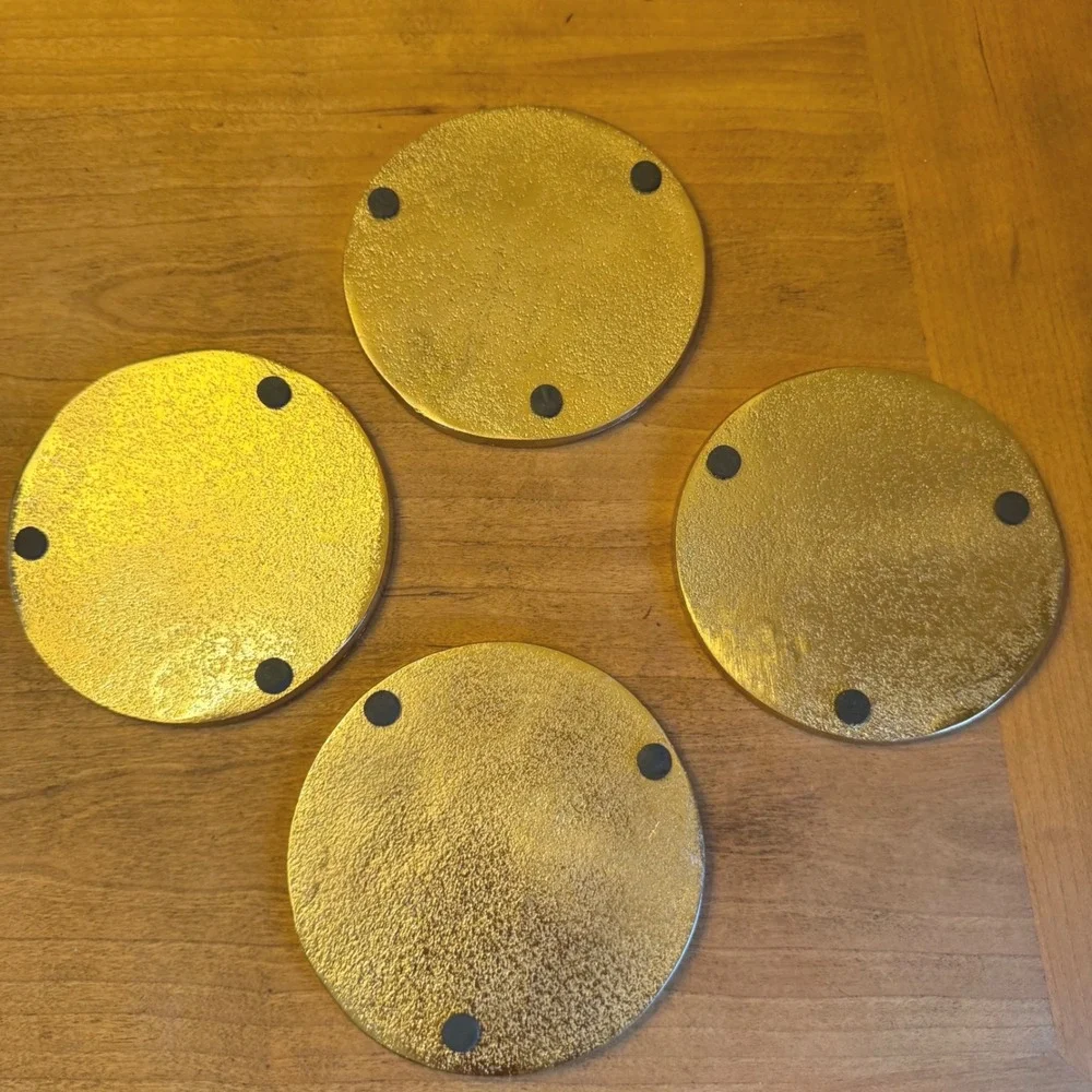 Set of 4 Gold Tone Orange Slice Metal Coasters Citrus Fruit Drink Coaster Set